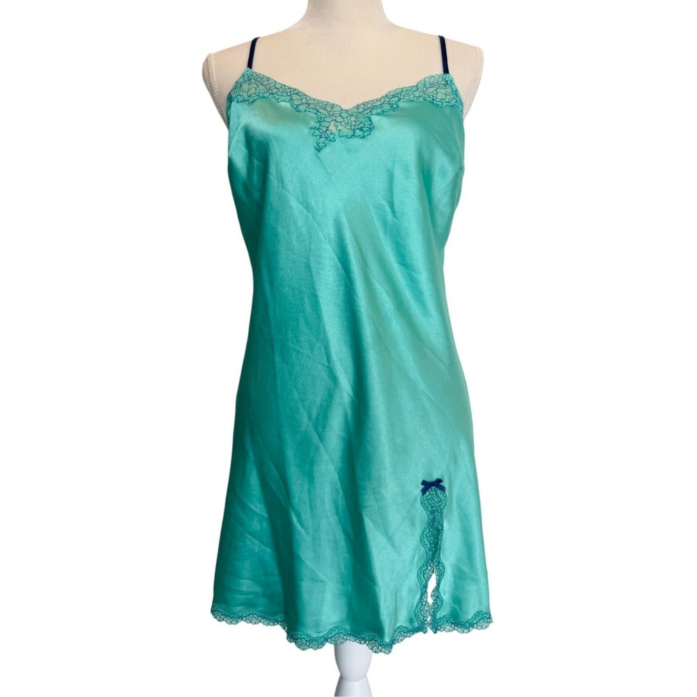 Victoria's Secret L Teal Satin Lace Trim Chemise Slip Dress Lingerie Y2K Boudoir